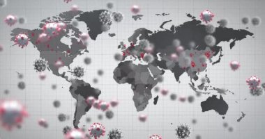Bir dünya haritasıyla gri arka planda yüzen makro Covid-19 hücrelerinin animasyonu. Coronavirus Covid-19 pandemik konsept dijital bileşik.