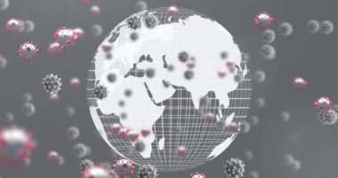 Makro Covid-19 hücrelerinin bir dünya modeliyle gri arka planda yüzmesi. Coronavirus Covid-19 pandemik konsept dijital bileşik.