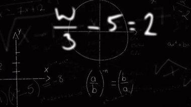 Siyah arkaplanda yüzen matematik denklemleri ve formüllerin animasyonu. Bilim ve araştırma konsepti dijital olarak oluşturuldu