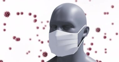 Beyaz arka planda yüzen dev virüs modelleriyle birlikte yüz maskesi takan dijital bir insan kafası animasyonu. Coronavirus Covid-19 pandemik konsept dijital bileşik.