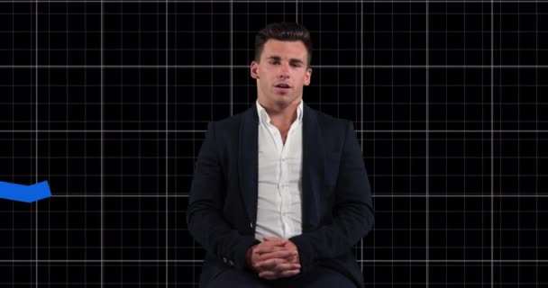 Beyaz Adamın Bir Izgarada Oturup Grafik Üzerinde Konuştuğu Animasyon Küresel — Stok video