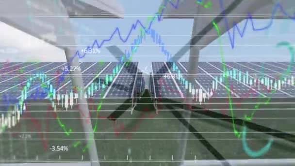 Animazione Turbine Eoliche Tornitura Pannelli Solari Orologio Movimento Grafici Borsa — Video Stock