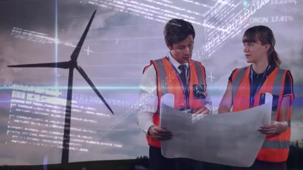 Animación Torneado Aerogeneradores Ingenieros Masculinos Femeninos Leyendo Planos Procesamiento Datos — Vídeos de Stock