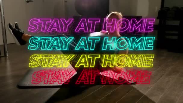 Animazione Quattro Righe Colorate Parole Neon Stay Home Donna Caucasica — Video Stock