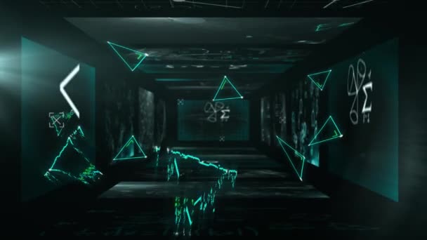 Animation Blauer Dreiecke Die Über Einem Tunnel Aus Bildschirmen Schweben — Stockvideo