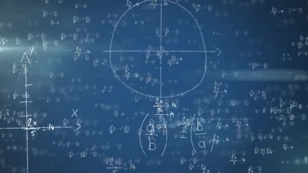 Animering Matematiska Ekvationer Och Formler Som Flyter Blå Bakgrund Vetenskaps — Stockvideo