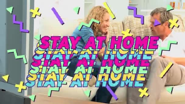 Animation Colorful Text Stay Home Caucasian Couple Hugging Public Health — Stock Video