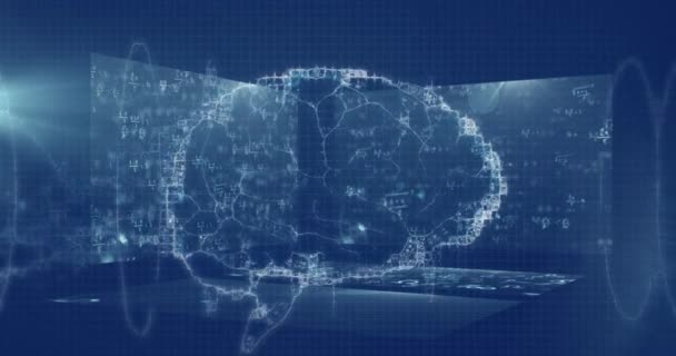 Анімація Моделі Людського Мозку Обертається Навколо Трьох Екранів Показує Математичні — стокове відео