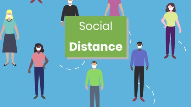 Animace Slov Sociální Vzdálenost Blikající Modrém Pozadí Digitálními Lidskými Tvary — Stock video