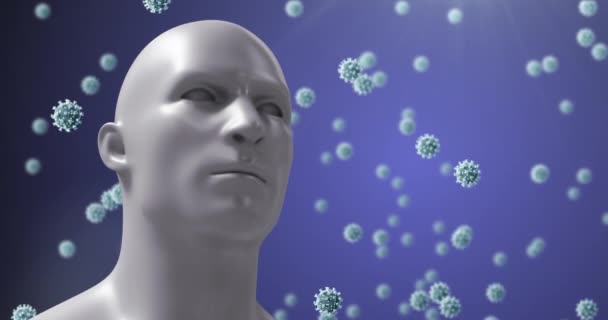青い背景に巨大なウイルスモデルが浮かんでいるデジタル人間の頭のアニメーション コロナウイルスCovid 19パンデミックコンセプトデジタル複合体 — ストック動画