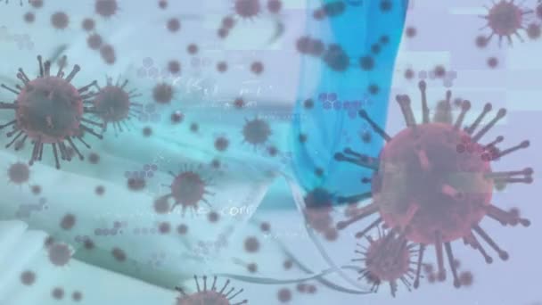 Animatie Van Macro Covid Cellen Wiskundige Vergelijkingen Zwevend Gelaatsmaskers Coronavirus — Stockvideo