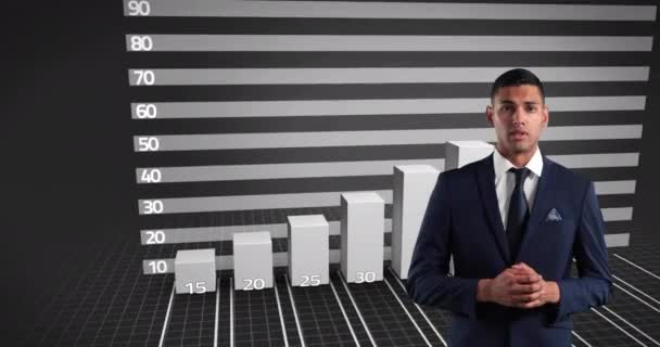 Animation Mixed Race Man Talking Graph Forming Παγκόσμια Οικονομία Και — Αρχείο Βίντεο