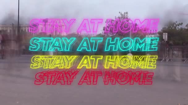 Animation Four Lines Colorful Neon Words Stay Home People Walking — ストック動画