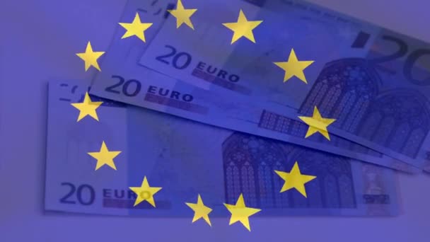 Κινούμενα Σχέδια Των Χαρτονομισμάτων Ευρώ Που Αιωρούνται Πάνω Από Σημαία — Αρχείο Βίντεο