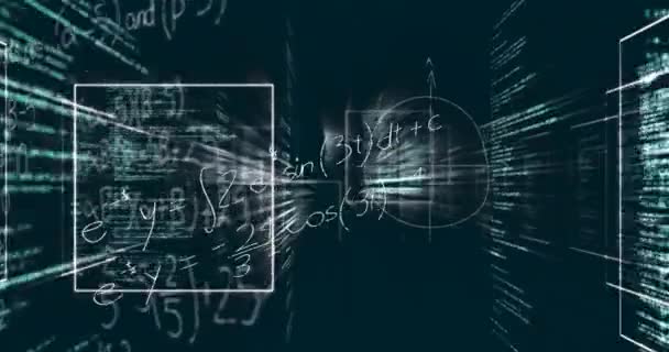 Animation Mathematischer Gleichungen Formeln Und Frames Mit Datenverarbeitung Auf Schwarzem — Stockvideo