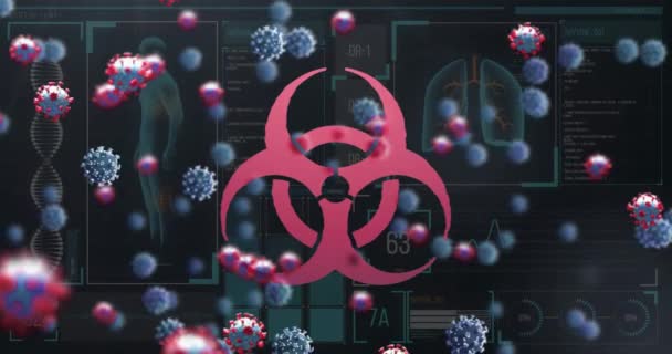 巨细胞Covid 19的动画在黑色背景上漂浮 带有红色病毒标志 Coronavirus Covid 19大流行病概念数字组合 — 图库视频影像