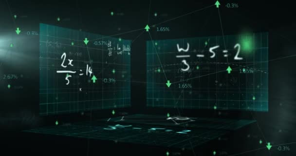 在三个显示数学方程的屏幕上用箭头和数字连接在一起的网络动画 科学和研究概念数字生成的图像 — 图库视频影像