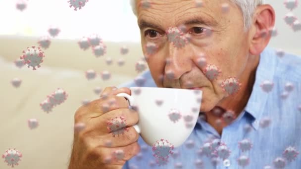 Animation Macro Covid Cells Floating Senior Caucasian Man Drinking Cup — Stock Video