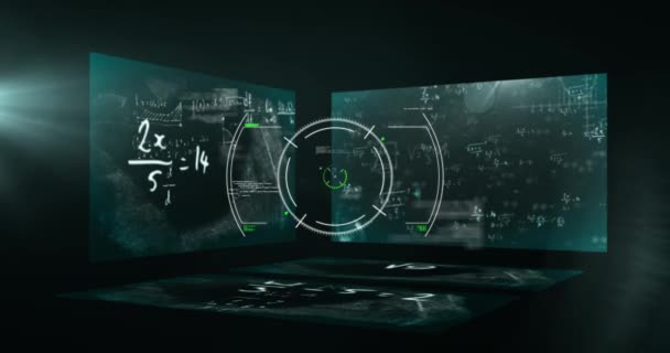 Animatie Van Cirkels Drie Schermen Met Wiskundige Vergelijkingen Zwevende Formules — Stockvideo