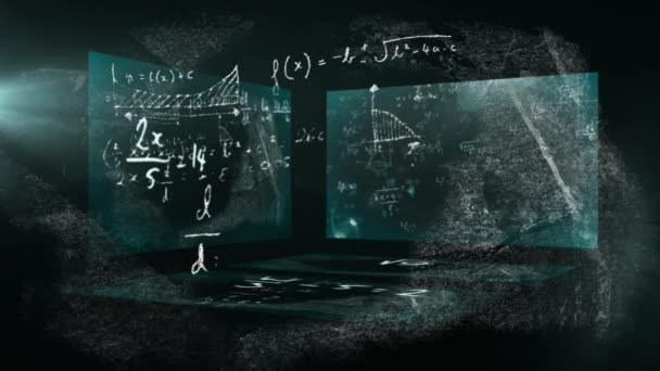 Анимация Математических Уравнений Написанных Доске Трех Экранах Показывающих Плавающие Математические — стоковое видео