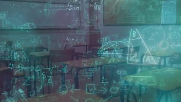 Animación Ecuaciones Matemáticas Fórmulas Flotando Sobre Aula Vacía Concepto Ciencia — Vídeos de Stock