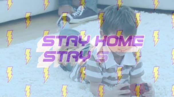 Animation Words Stay Home Stay Safe Lightning Icons Caucasian Boy — Stock Video