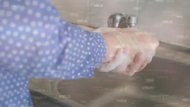 文字的动画病毒漂浮在洗手的人身上 Coronavirus Covid 19社交距离自我隔离隔离隔离隔离隔离概念数字组合 — 图库视频影像