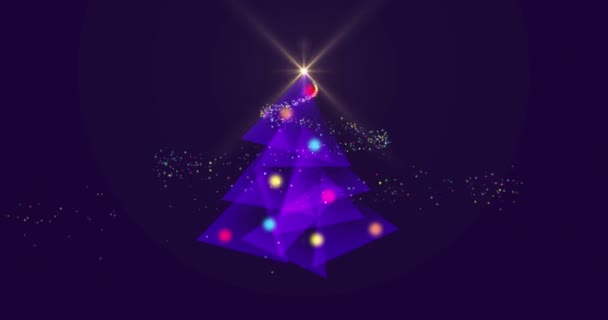 紫色の背景に泡やクリスマスの装飾と輝く紫色のクリスマスツリーのアニメーション クリスマスのお祭りとお祝いのコンセプトデジタル生成された画像 — ストック動画