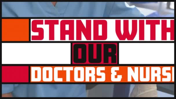 Animation Von Text Bunten Bannern Über Ärztinnen Mit Gesichtsmaske Pandemische — Stockvideo