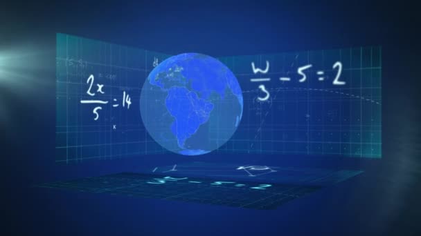 Animering Blå Glob Snurrar Över Tre Skärmar Som Visar Matematiska — Stockvideo
