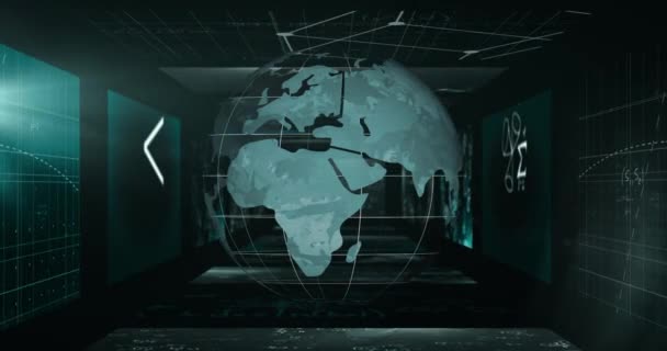 Анімація Глобуса Обертається Навколо Тунелю Зроблена Екранів Показують Математичні Рівняння — стокове відео