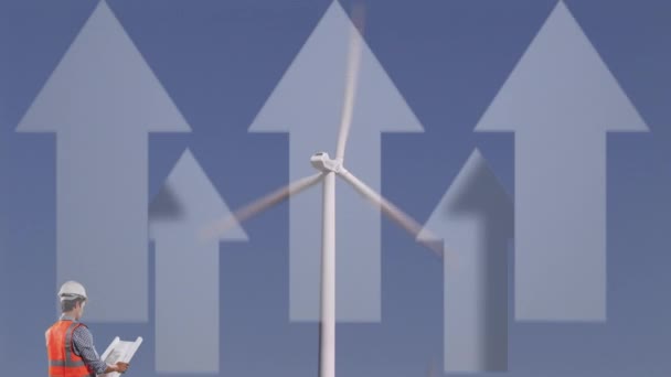 Animatie Van Windturbine Draaien Mannelijke Ingenieur Lezen Plannen Witte Pijlen — Stockvideo