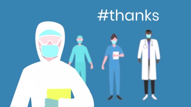 单词的动画谢谢在蓝色的背景上闪烁着医务人员的象形文字 Coronavirus Covid 19大流行病概念数字组合 — 图库视频影像
