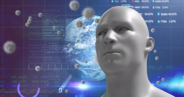 地球型の青い背景に巨大なウイルスモデルが浮かんでいるデジタル人間の頭のアニメーション コロナウイルスCovid 19パンデミックコンセプトデジタル複合体 — ストック動画