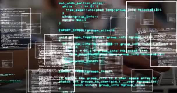 Animering Data Flytande Rutor Bearbetning Över Person Som Använder Bärbar — Stockvideo