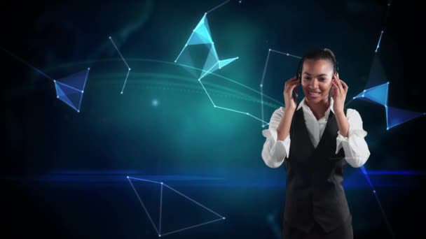 Animation Mixed Race Woman Having Phone Headphone Web Connections Glass — Αρχείο Βίντεο