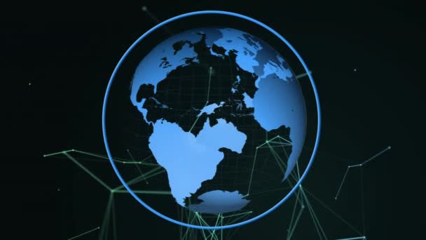 Animation Blue Globe Blue Cycle Spinning Green Web Connections Black — Αρχείο Βίντεο