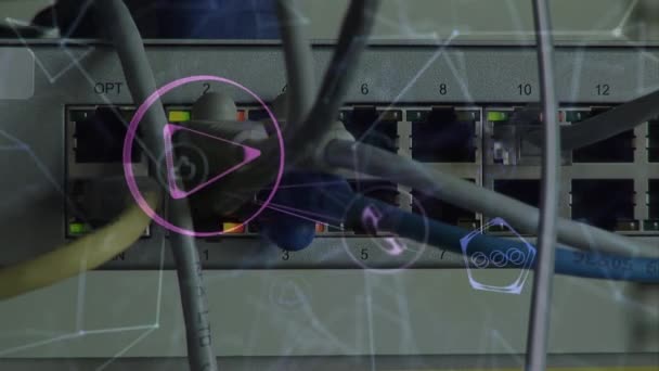 Animation d'un réseau coloré de connexion avec des icônes sociales flottant sur des câbles connectés à un appareil technologique