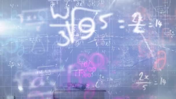 Animering Matematiska Ekvationer Och Formler Som Flyter Över Hög Med — Stockvideo