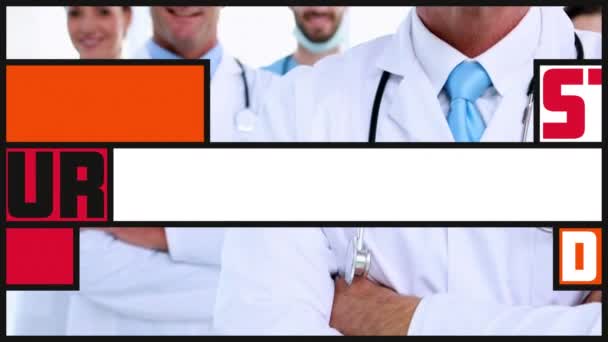 Animation Text Colorful Banners Group Caucasian Doctors Walking Public Health — Stock Video