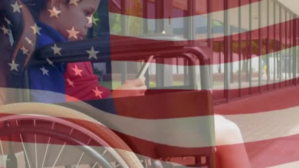 Animation Flag Waving Mixed Race Boy Wearing Cape Sitting Wheelchair — Stock Video