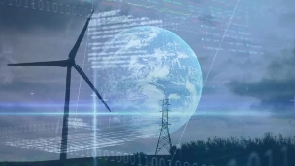 动漫的风力涡轮机转动 行星地球和股票交换图的增加和减少 全球环境问题与数字生成的发展概念 — 图库视频影像