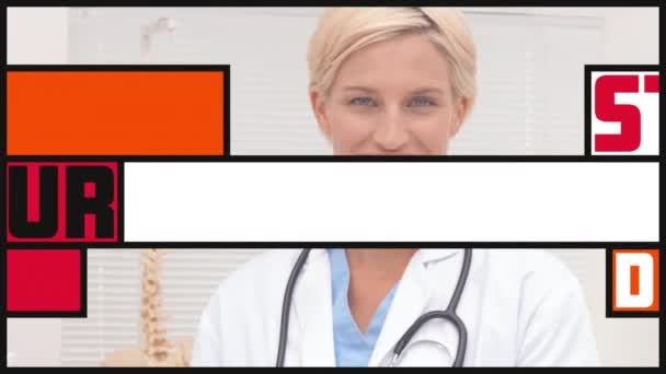 Animation Text Colorful Banners Caucasian Female Doctor Smiling Public Health — Stock Video