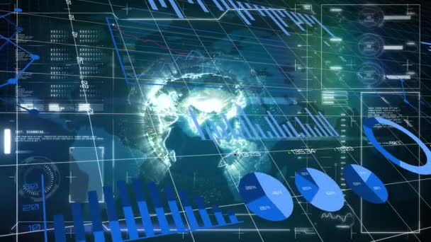 Animación Globo Brillante Girando Con Múltiples Gráficos Procesamiento Datos Estadísticas — Vídeo de stock