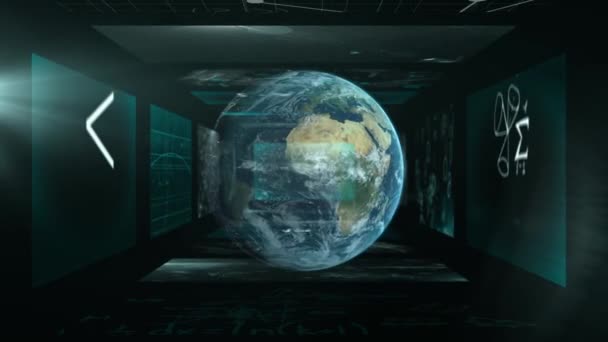 数学的方程式が浮かぶスクリーンで構成されたトンネルの上を回転する地球のアニメーション 科学研究の概念デジタル生成された画像 — ストック動画