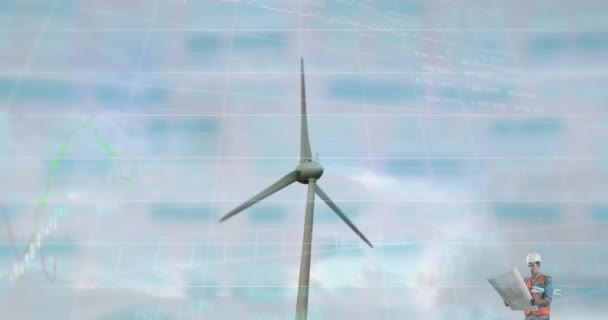 Animace Soustružení Větrných Turbín Plány Čtení Mužských Inženýrů Rostoucí Klesající — Stock video