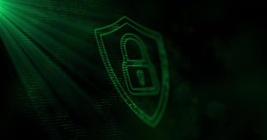 Çevrimiçi güvenlik yeşil kilit simgesi parlayan arkaplanda dijital bilgisayar arayüzünün animasyonu. Küresel bilgisayar ağı ve çevrimiçi güvenlik konsepti dijital olarak oluşturuldu.