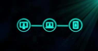 Parlayan yeşil arkaplanda üç yeşil dijital bilgisayar arayüzü simgesinin canlandırılması. Küresel bilgisayar ağı ve çevrimiçi güvenlik konsepti dijital olarak oluşturuldu.