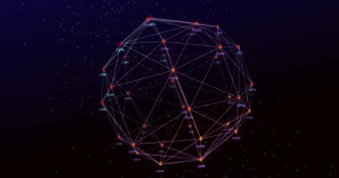 Dijital arayüzün animasyonu ve karanlık arkaplandaki oklarla ve sayılarla bağlantılı ağların küresi. Genel bilgisayar ağı konsepti dijital olarak oluşturulmuş resim.