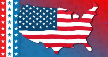 Mavi ve kırmızı arka planda kırmızı ve mavi konfetili Amerikan bayrağının animasyonu. ABD bayrağı bağımsızlık günü konsepti dijital kompozisyon